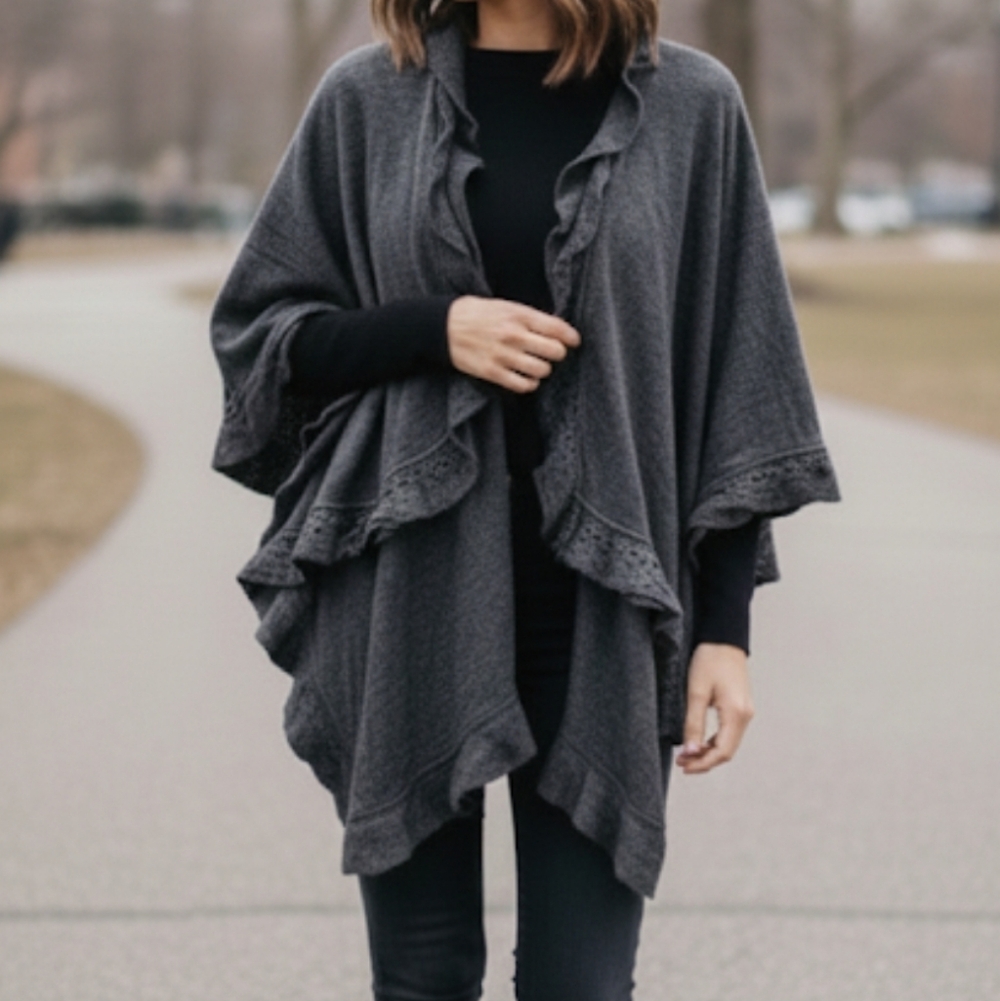 Demdaco shawl wrap poncho ruffle trim open front knit cape gray 100% Acrylic